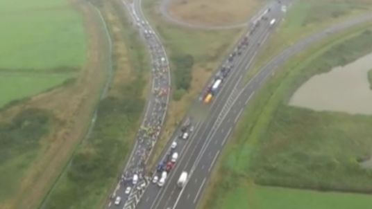 Drivers stage a 'go slow' demonstration on the A16 to Calais