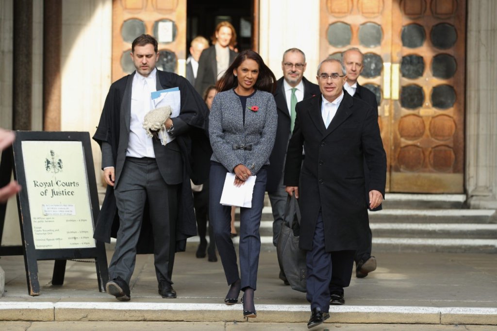 LONDON, ENGLAND - NOVEMBER 03: Founding partner of SCM Private LLP Gina Miller (C) leaves after the High Court decides that the Prime Minister cannot trigger Brexit without the approval of the MP's at The Royal Courts Of Justice on November 3, 2016 in London, England. Leading legal figures have been arguing the historic case after some MP's called for Parliament to be given a vote before article 50 is triggered. Their case is backed by investment manager Gina Miller and Article 50 author, Lord Kerr of Kinlochard. The announcement was made by Lord Chief Justice Lord Thomas, Master of the Rolls Sir Terence Etherton and Lord Justice Sales. (Photo by Dan Kitwood/Getty Images)